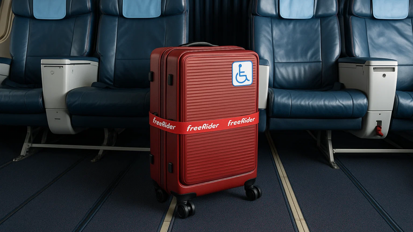 Luggie mobility scooter surrounded by travel bag, charger, and comfort accessories on neutral background