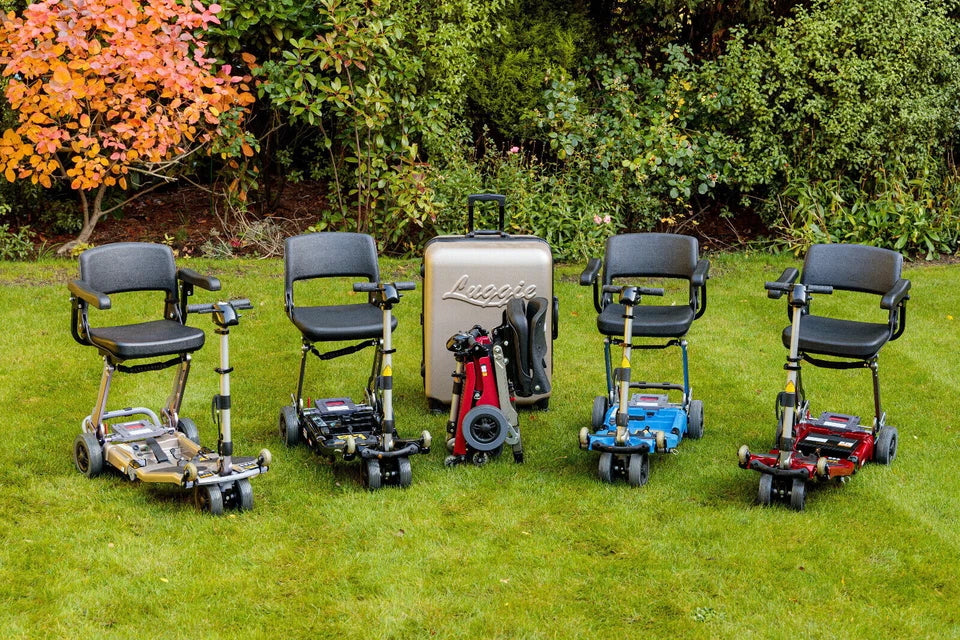 Luggie scooter lineup on grass comparison showing different models and features.