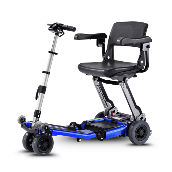 A compact, four-wheeled travel mobility scooter with a black seat, blue accents, and an extendable handle.